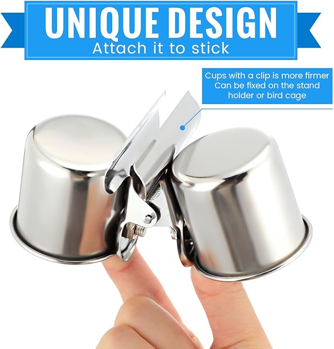 Tioncy 2 Pcs Clip on Water Bowl for Birds Parrot Feeding Double Cups Dishes Hanging Stainless Steel Food Water Bowls with Clip Pet Animal Feeder Cup Holder for Cage Coop Perches Play Stand Accessories