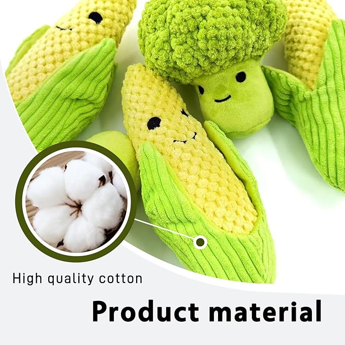 Broccoli & Corn Plush Pet Squeak Toys - Soft Plush with Squeaker, Cotton Filling, Portable Chew Toys for Small & Medium Dogs (Corn)