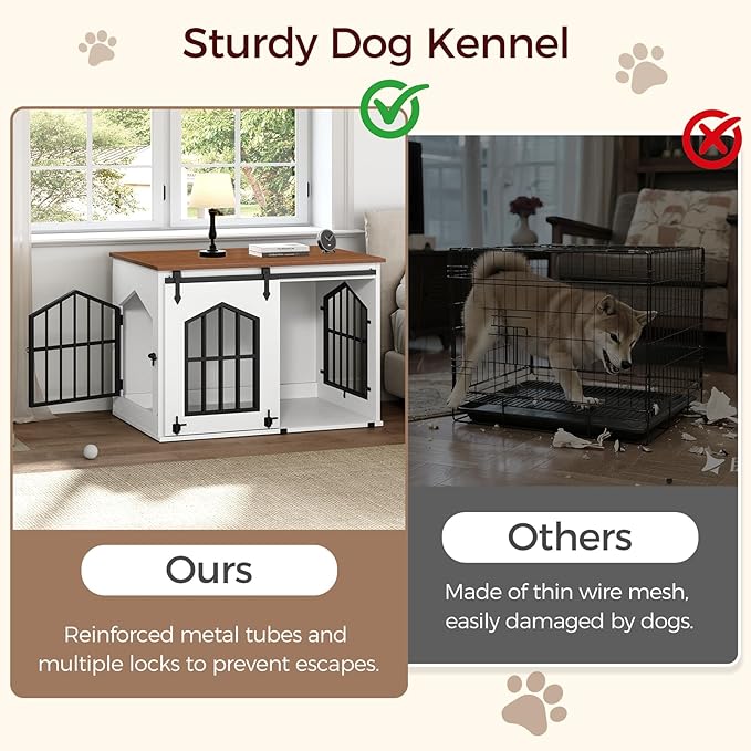 MAHANCRIS Dog Crate Furniture, 31.5" Farmhouse Dog Kennel with Sliding Barn Door, Wooden Dog Cage for Small Medium Dogs, Decorative Pet House Side End Table, Chew-Resistant, White and Walnut DCBA9601