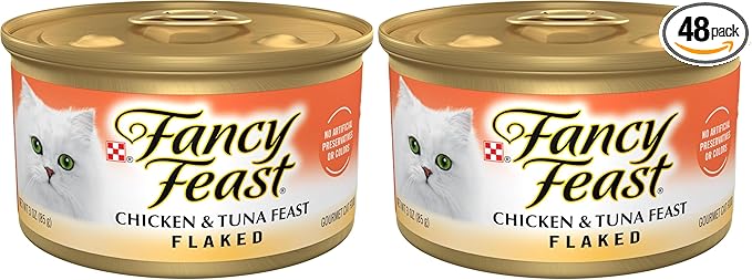 Fancy Feast Purina Wet Cat Food Flaked Chicken and Tuna Feast - 3 oz. Cans (Pack of 48)