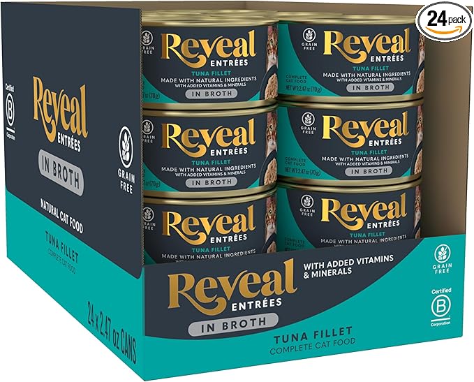 Reveal Entrées Natural Wet Cat Food, Grain-Free with Added Vitamins & Minerals, Carrageenan-Free and High Protein, Tuna Fillet in Broth (24 x 2.47 oz Cans)