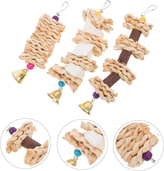 Milisten 3Pcs Natural Straw Woven Parrot Chew Bird Hanging Biting for Parakeets Parrots Engaging Bird Cage Accessories for Chewing Enrichment