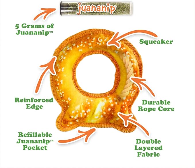 Doggijuana Cafe Combo Refillable Juananip Toy Bundle | Twisted Pretzel & Pretzel Ring | Funny Dog Toy Plush with Catnip and Refill | Interactive Chew Toy for Play