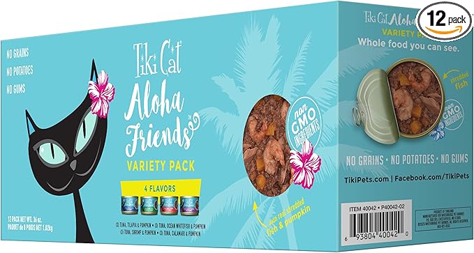 Tiki Cat Aloha Friends Variety Pack, Seafood Flavors with Pumpkin, Wet, High-Protein & High-Moisture Cat Food, For All Life Stages, 3 oz. Cans (Pack of 12)