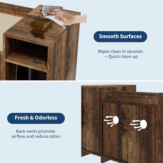 Garvee Cat Litter Box Enclosure Furniture Wooden Hidden Litter Box Cabinet with Vent Door Left Side Storage Drawer Shelf Small Storage Cabinet Raised Legs Top Protectors
