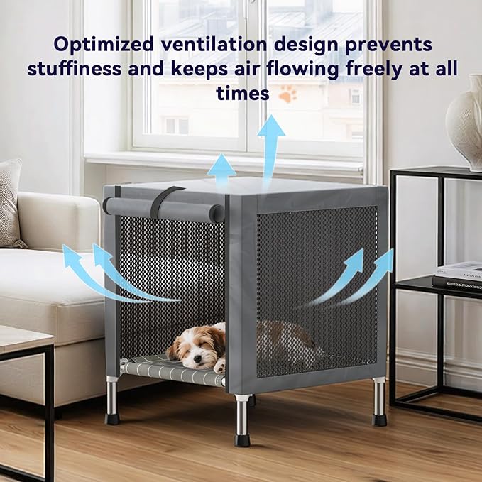 Small Stainless Steel Elevated Dog Crate with Cover, 2-in-1 Indoor & Outdoor Raised Pet House, Rust-Proof Dog Kennel with Silicone Anti-Slip Feet, Tool-Free Assembly
