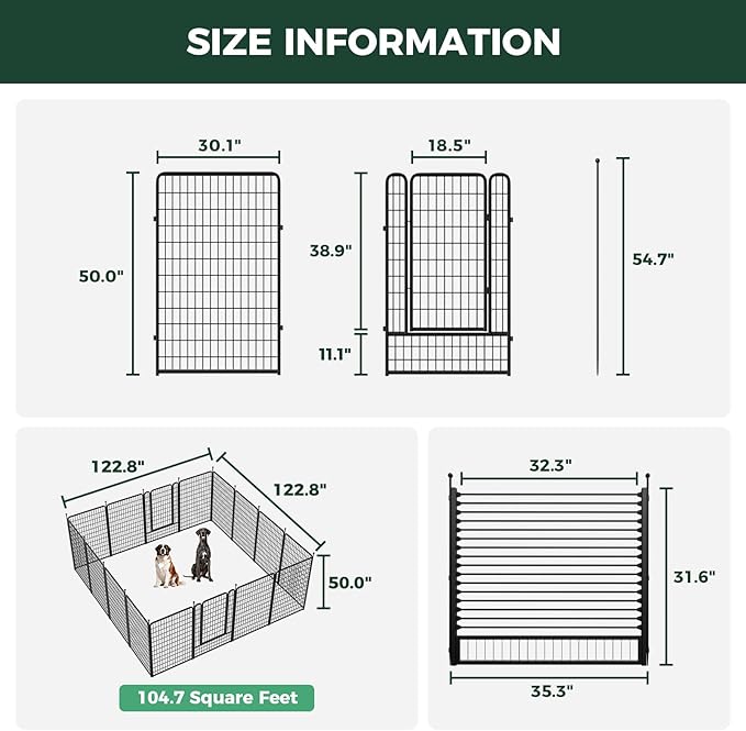 FXW Rollick Unleashed Dog Playpen for Indoor, Yard, RV Camping, 50 inch 16 Panels Dog Pen with RV Step Grid for Large Dogs, Black│Patented
