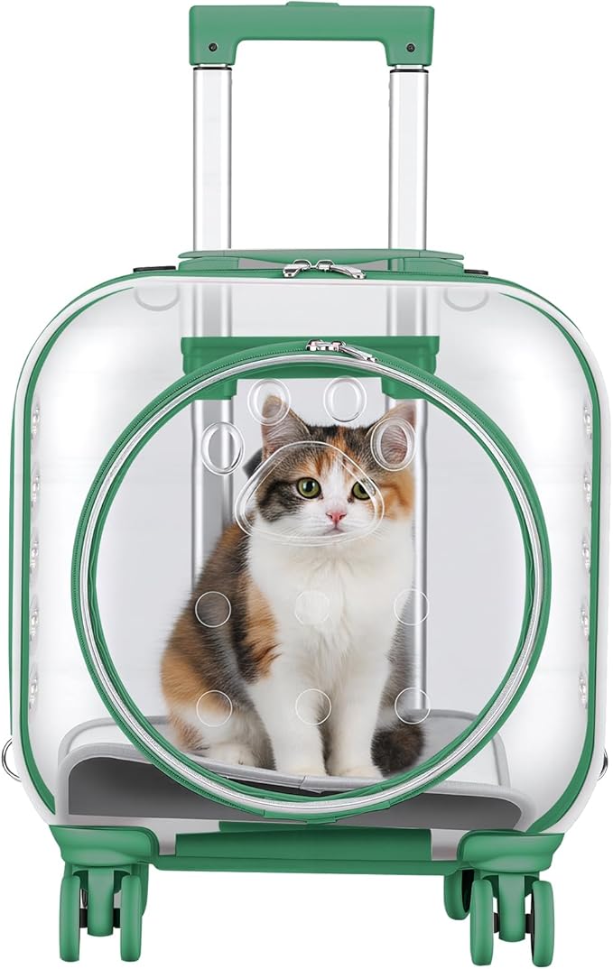 Cat Carrier Backpack with Silent Wheels, Clear Cat Stroller with Ventilation Holes, Telescopic Handle, Convenient Portable Cats Dogs Backpack for Travel (Green-B)