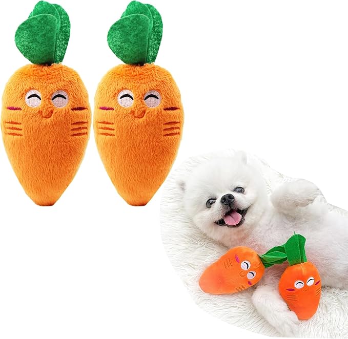 2 Pcs Soft Puppy Pet Supplies, Cute Orange Carrot Plush Chew Squeaker Sound Squeaky Toys for Dog Cat Birthday Xmas Gifts