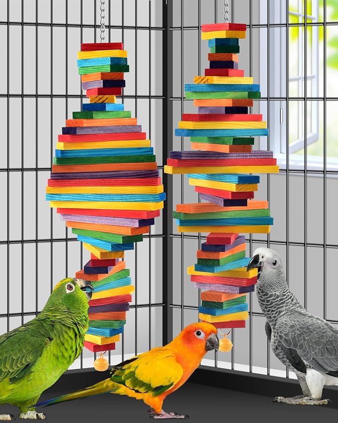 Bissap 2 PCS Bird Chew Toys, Multicolored Bagel Cascade Medium Large Bird Parrot Chewing Sticks Biting Wooden Blocks Toy for Big Amazon Senegal Cockatoos Macaws African Grey Similar Sized Pet Birds