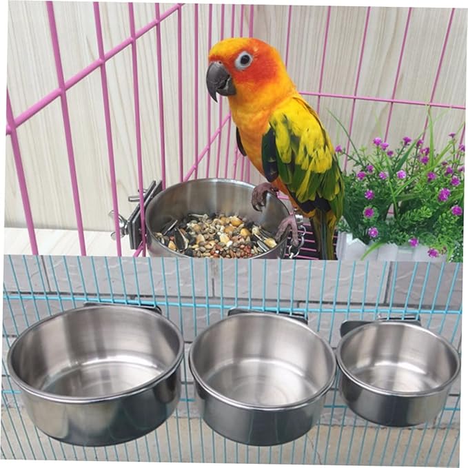 POPETPOP 3pcs Stainless Steel Bird Feeding Cups for Parrots Washable Hanging Food and Water Basins for Bird Cages Pet Supplies Easy Installation
