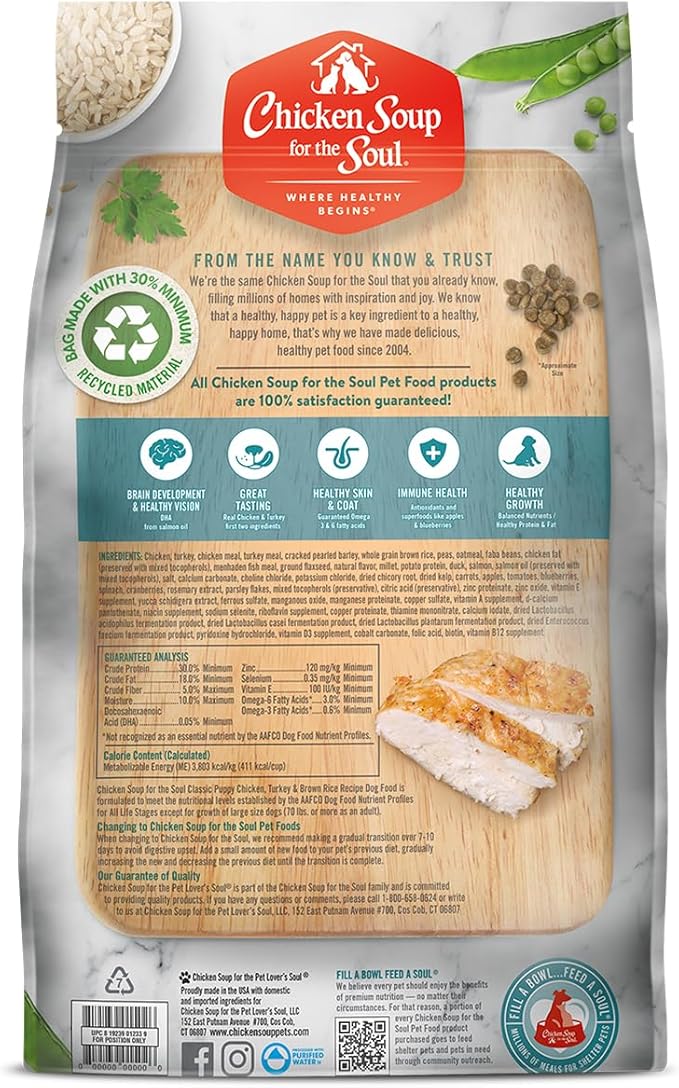 Chicken Soup for the Soul Pet Food Classic Dry Puppy Food, Chicken, Turkey & Brown Rice Recipe, 13.5 Pound Bag | Soy Free, Corn Free, Wheat Free, Dry Dog Food Made with Real Ingredients (Pack of 2)