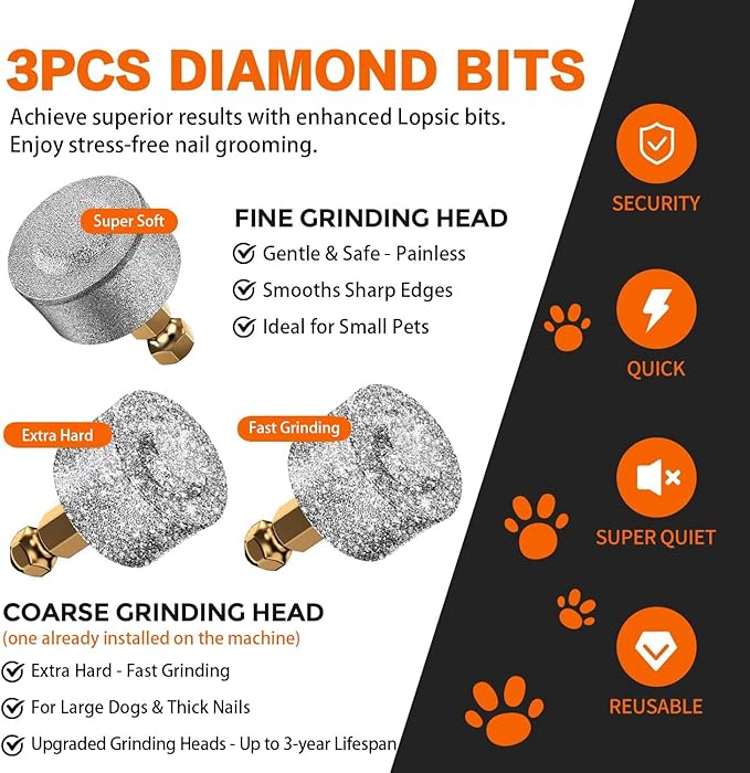 Whisper Quiet Dog Nail Grinder with 4 LED Lights, Safe & Stress-Free for Sensitive Dogs of All Breeds & Sizes, 3 Grinding Bits, 3-Speed, Pet Nail Trimmers, Rechargeable Painless Grooming Kit White