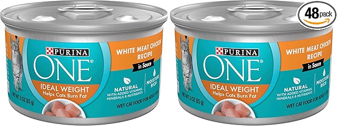 Purina ONE Natural Weight Control Wet Cat Food,Ideal Weight White Meat Chicken Recipe in Sauce - 3 oz. Pull-Top Cans,(Pack of 48)