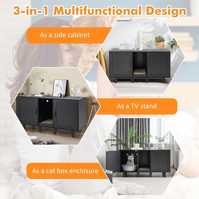 Giantex Cat Litter Box Enclosure - Cat Washroom Hidden Furniture with 2 Storage Cabinets, Removable Cat Scratcher, Air Vents, Detachable Legs, Wooden Pet Crate Indoor Cat House TV Stand (Black)