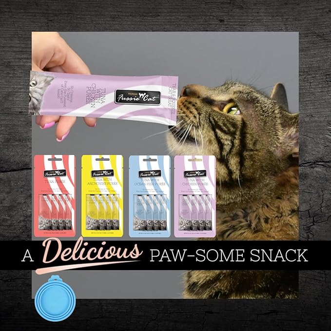 Fussie Cat Premium Puree Lickable Cat Treats in Tuna Puree, 4 Flavors, 4 Packs of 4-0.5oz Tubes (16 Total Tubes) +Lid