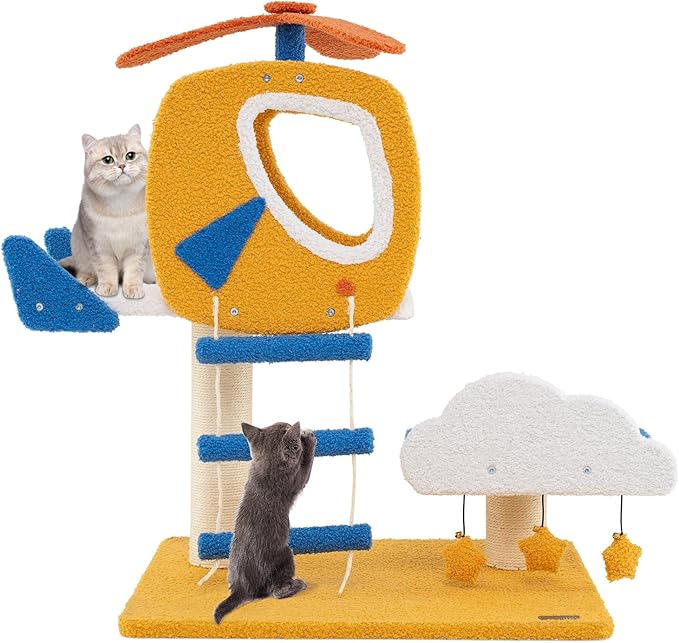 PETSITE 30-inch Aviation-Themed Cat Tree for Indoor Cats, Small Cute Cat Tree with Sisal Scratching Posts, Helicopter Top Perch, Climbing Ladder, and 3 Star-Shaped Hanging Toys