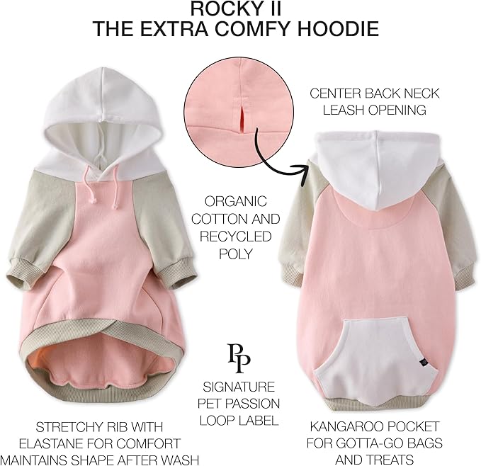 Pet Passion Rocky II - The Extra Comfy Hoodie, Organic Cotton and Recycled Poly Dog Hoodie Pet Coat Sweater for Small, Medium, Large Dogs, Pink Color Block, XXX-Small (up to 5lbs)