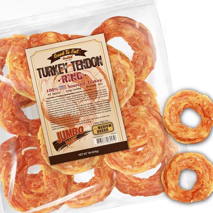 Gootoe Turkey Tendons for Dogs –All-Natural, Hypoallergenic Dog Treats, Rawhide Alternative, Long Lasting Puppy Chews, Healthy Dog Treats for Medium Breeds, Ring (M), 1 lb