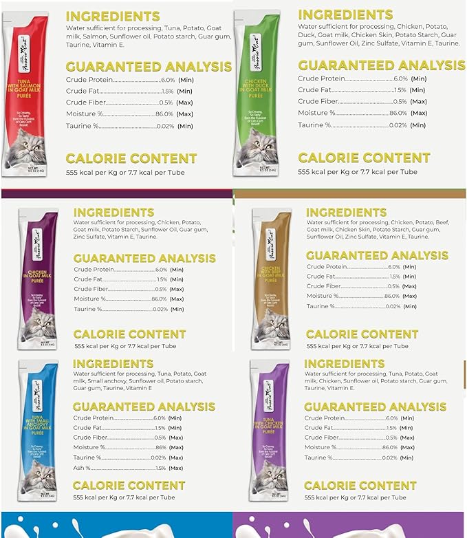 Fussie Cat Super Premium Cat Treats in Goat Milk Puree, lickable cat Treats,6 Packs of 4-0.5oz Tubes, Variety Flavor Pack of 6 Flavors + Freeding Spoon
