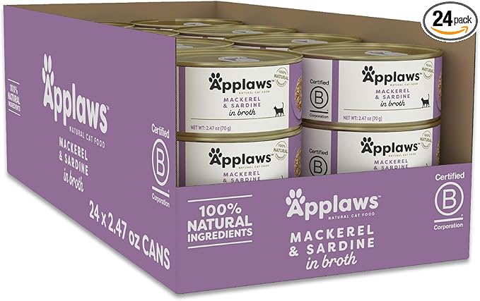 Applaws Natural Wet Canned Cat Food, Limited and Natural Ingredients, High Protein with No Artificial Additives, Mackerel & Sardine in Broth (24 x 2.47oz Cans)