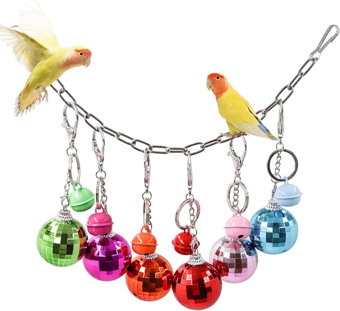 Oooct Bird Swing Wind Chime Toys, Colorful Parrot Hanging Chewing Toy with Hollow Balls and Bells, Bird Cage Accessories for Small to Medium Birds, Budgie Lovebirds Conures Parakeets Cockatiels Rats