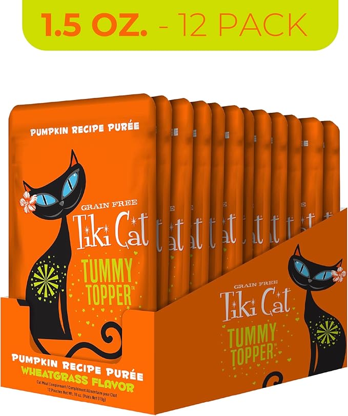 Tiki Cat Tummy Topper, Pumpkin Recipe Puree, Formulated to Support Healthy Digestion, Mousse Cat Food Topper, 1.5 oz. Pouch (12 Count)