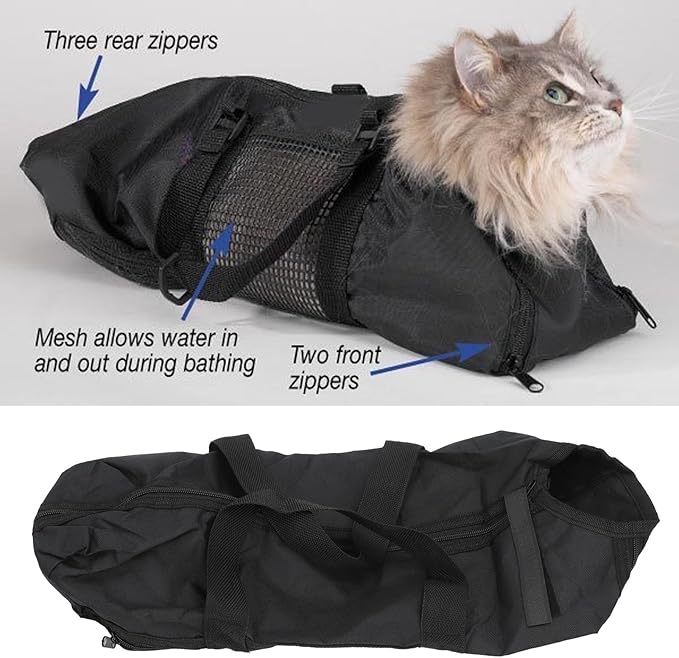 Cat Grooming Bag, Comfortable and Cat Bathing Bag with Easy Access for Nail Trimming and Cleaning, Sturdy Oxford Cloth Cat Restraint Bag (Black) with Multifunctional Use