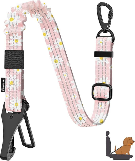 Pawaboo Dog Car Seat Belt– Reflective & Adjustable Dogs Cars Harness Leash with 360° Lockable Buckle, Shockproof Dogs Tether Bungee for Safe Travel, Light Pink Flowers