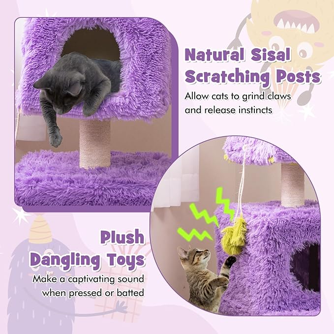 PETSITE 44 inch Monster-Themed Cute Cat Tree, Modern Cat Tree Tower with 2 Cat Condos, Sisal Scratching Post and Hanging Sound-Making Toys for Indoor Cats