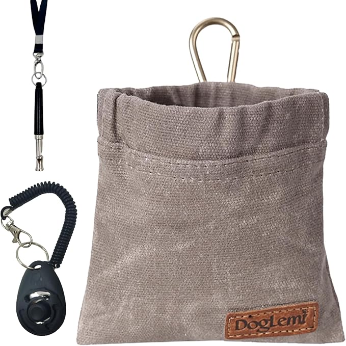 Dog Training Kit,Puppy Dog Treat Pouch Bag with Dog Clicker and Silent Whistle with Lanyard,Hands-Free Training Dog Treat Pouch,Includes Carabiner,for Pet Puppy Travel or Outdoor Use(Grey)