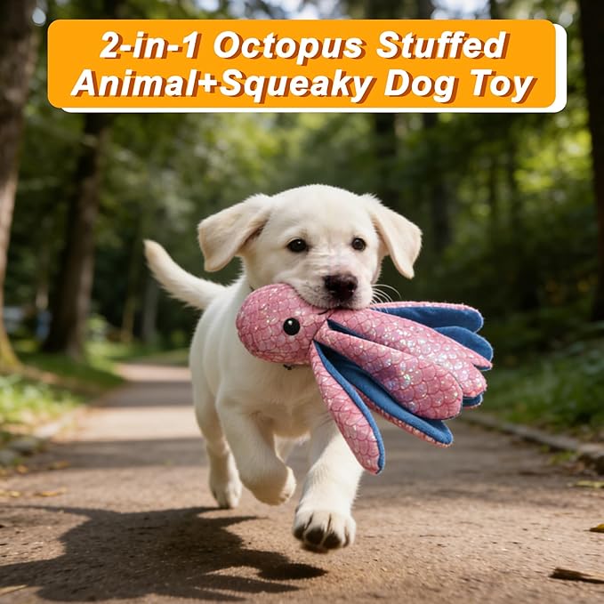 Recycled Canvas Octopus Squeaky Dog Toy for Chewers Puppy Teething Chew Toy Cute Pink Blue Stuffed Animal Durable Interactive Dog Squeak Toy for Small Medium Large Dogs Toy Gift 26cm/10.24in