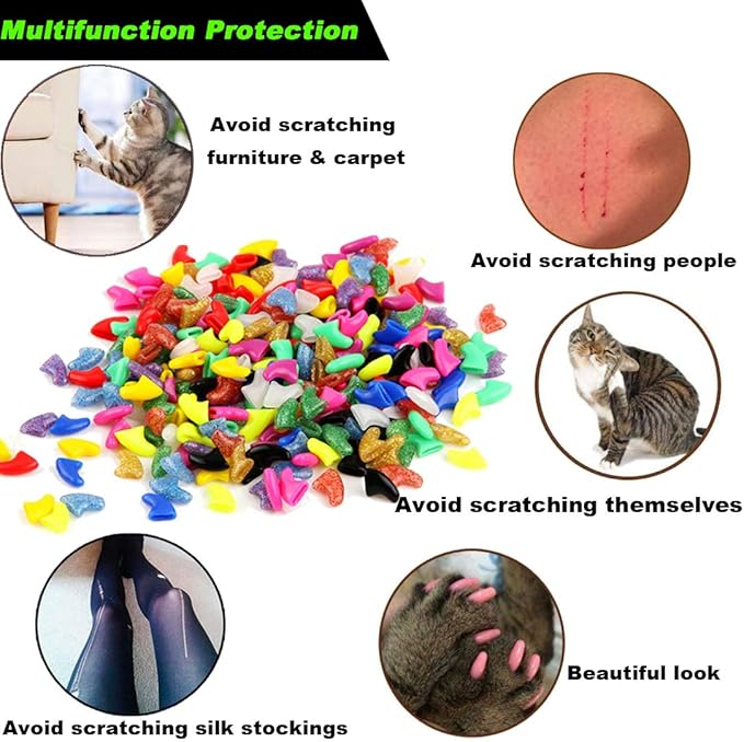 VICTHY 100pcs Cat Nail Caps with Clipper Set, Cat Nail Clipper + Nail Covers with Adhesive and Applicators Size Extra Small (5 COLORS)