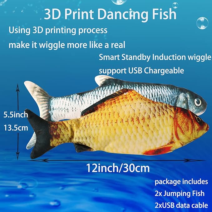 VAIZIQ Flopping Fish Electric Dog Toy - Realistic Moving Rocking Interactive Pet Toy for Small Medium Dogs, Chew Toy for Dog Exercise & Boredom Relief 2Pcs