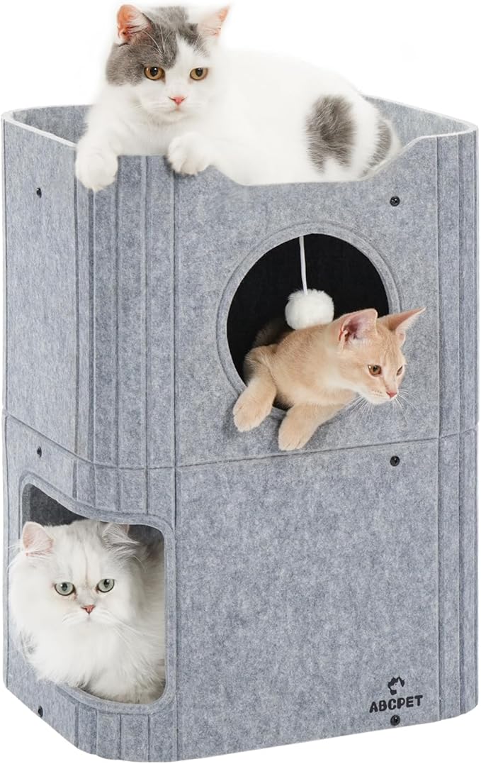 ABCPET Cat House for Indoor Cats, Cat Condo Cat Bed Cave, Felt Cats Hideaway Condo with Resistant Scratching Freedom Kitten Cube & Hanging Ball, Gray