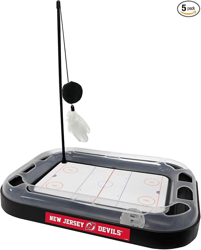Pets FIrst Cat Scratching Toy NHL New Jersey Devils Hockey Field Cat Scratcher Tiy with Interactive Cat Ball Bell in Tracks. 5-in-1 CAT Toy
