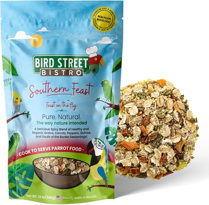 Bird Street Bistro Parrot Food Sample 4 Pack - Parakeet Food - Cockatiel Food - Bird Food - Cooks in 3-15 min w/Natural Grains - Healthy, Non-GMO Fruits, Healthy Oriented Spices