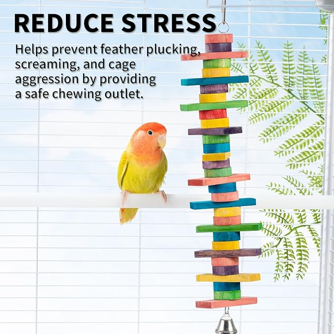 2 PCS 14.37" Multicolored Bird Toys - Stress Relief Chew Parrot Toys, Natural Wooden Blocks, Hanging Bird Cage Accessories, for Parakeets, Cockatiels, Conures, Budgies, Lovebirds