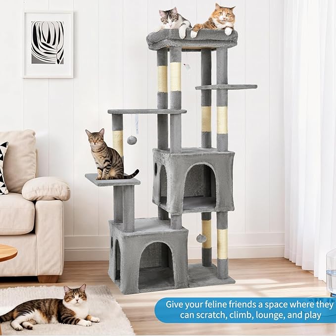 GarveeLife 61" Multi-Level Cat Tree for Indoor Cats, Heavy-Duty Tower for Large Adult & Maine Coon Cats with Oversized Perch, Dual Condos, Natural Sisal Scratching Posts & Play Toys – Light Gray