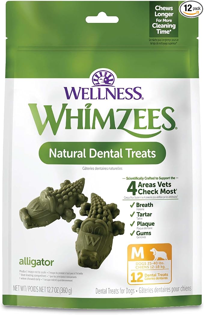 Whimzees Wellness Alligator Dog Dental Treat, Chews, Freshens Breath, Medium Size, 12.7 oz Bag, 12 Count
