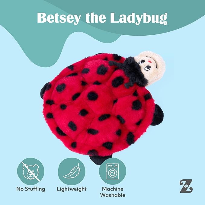 ZippyPaws Squeakie Crawler- No Stuffing Dog Toy to Keep Them Busy, for Small, Medium, & Large Dogs, Squeaky Pet Toy for Boredom, Unstuffed Chew Toy, Soft Plush Puppy Products, Betsey the Ladybug- 10"
