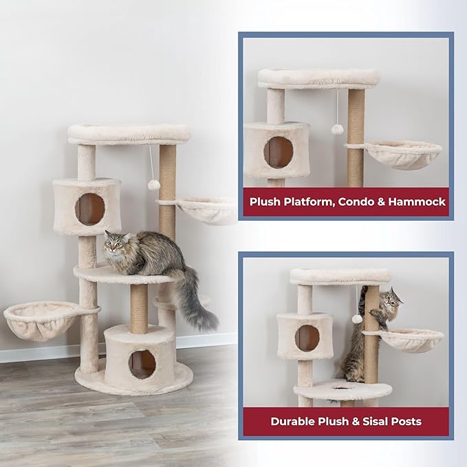 TRIXIE Anna Cat Tree – Cat Tower with Sisal Posts, Dual Hammocks, Caves & Hanging Toy – Indoor Cat Furniture for Scratching & Climbing – Beige, 23.6" x 23.6" x 50.4"