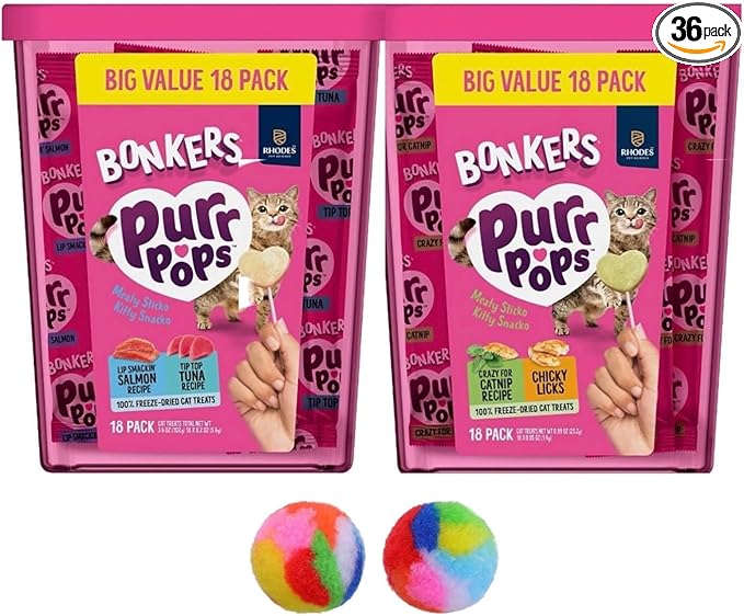 Bonkers Purrpops Freeze-Dried Cat Treats, 2-18 Pack Variety Bundle with Salmon & Tuna, Catnip & Chicken Flavors, Plus 2 Cat Pom Pom Balls Toy