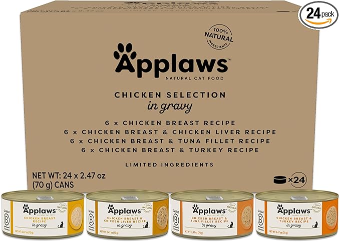 Applaws Natural Wet Cat Food in Gravy, Limited and Natural Ingredients, High Protein with No Artificial Additives, Chicken Selection in Gravy (24 x 2.47oz Cans)