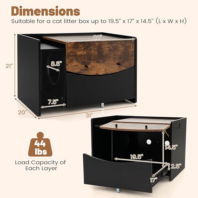 Giantex Cat Litter Box Enclosure - Hidden Cat Washroom Furniture with Rolling Pull-Out Drawer, Flip-up Door, Front Entry, Air Vents, Hanging Hook, Wooden Pet Crate Cat House Storage Cabinet