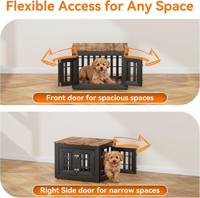 Snuowu 26" Heavy-Duty Dog Crate Furniture for Small/Medium Dogs, Rustic Wooden Dog Cage Kennel Indoor Furniture, Decorative Pet House End Table, Black & Wood