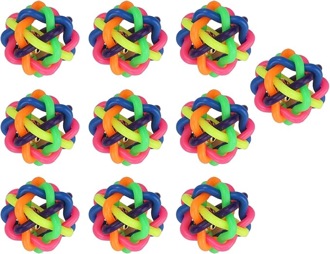 Zerodis 10Pcs Pet Wobbly Rubber Ball,Colorful Dog Rubber Woven Ball Built in Bell Pet Chew Teeth Grinding Interactive Toys for Indoor Cats and Dogs