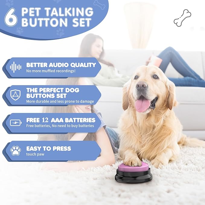 Dog Buttons for Communication, 6 PCS Dog Talking Button Set,30 Seconds Recordable Pet Training Buzzer，with Training Manual Book+12 AAA Batteries+24 Scene Modes + 1 Dog Button Mat