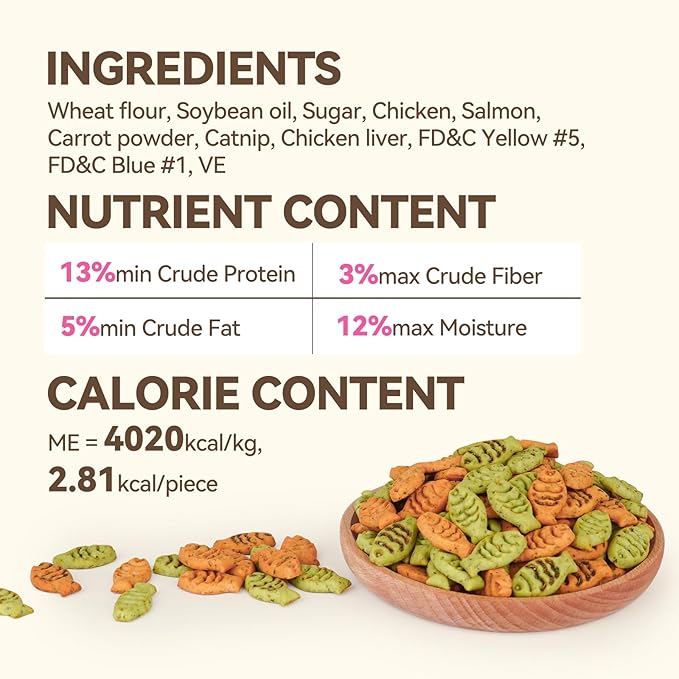 Catnip Cat Treats, Chicken & Salmon Flavor Crunchy Cat Biscuits, Fish-Shaped Training Snacks for Adult Cats, 16 oz