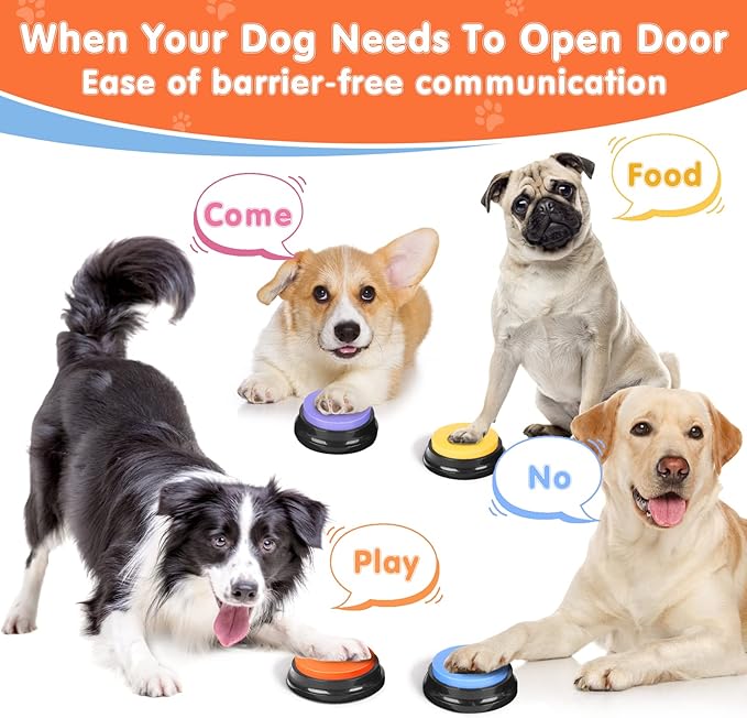 Dog Buttons for Communication,Talking Buttons for Dogs,4 Recordable Sound Buttons + 24 Scene Patterns + 1 Dog Button Mat+ 8 AAA Batteries